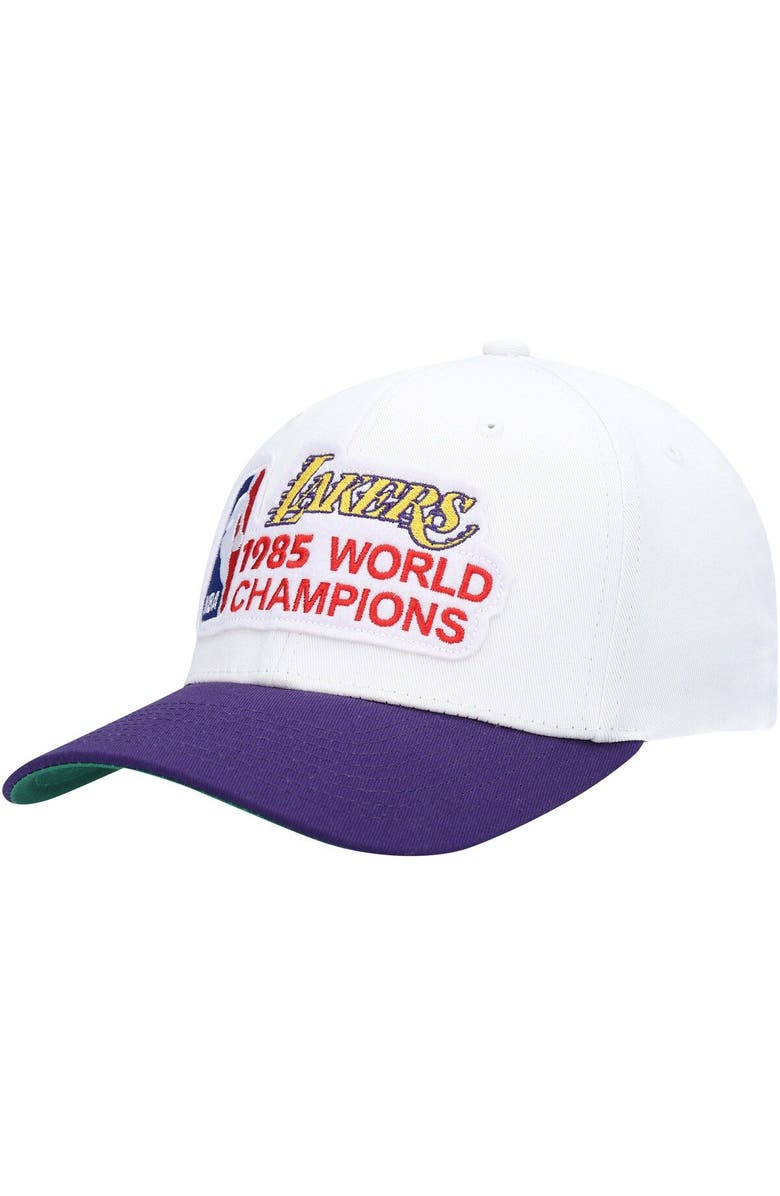Mitchell & Ness Men's Mitchell & Ness White/Purple Los Angeles Lakers Hardwood Classics 1985 NBA World Champions Snapback Hat, Main, color,