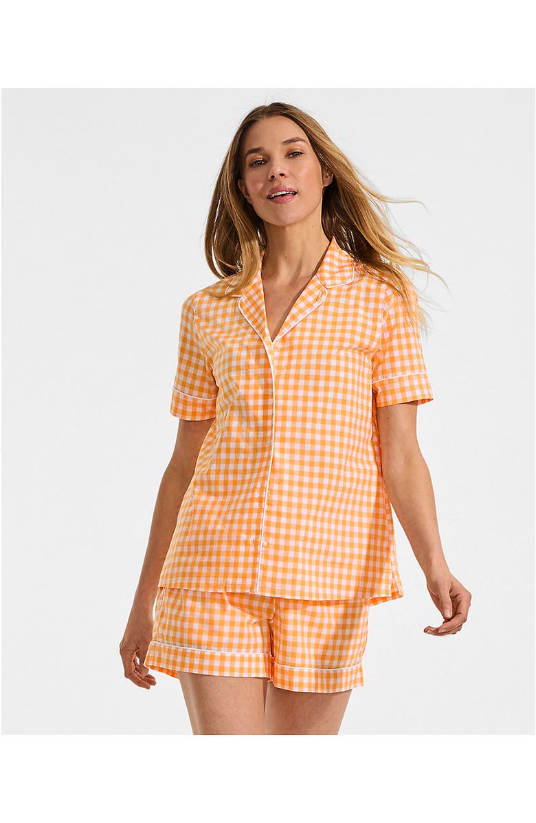 Lands' End Poplin 2 Piece Pajama Set - Short Sleeve Shirt and Shorts, Alternate, color, Sweet Mango Gingham