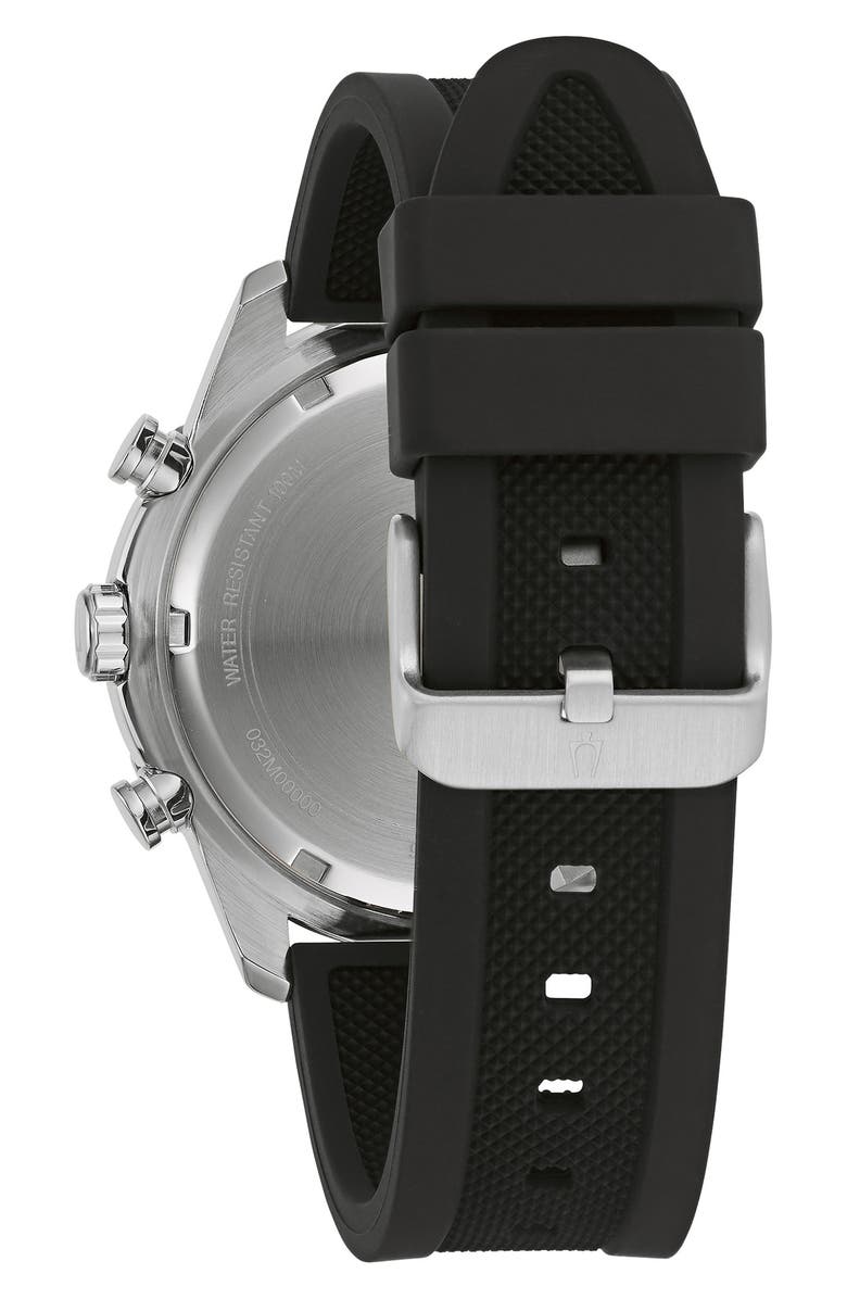 BULOVA 44mm Chronograph Silicone Strap Watch, Alternate, color, Black