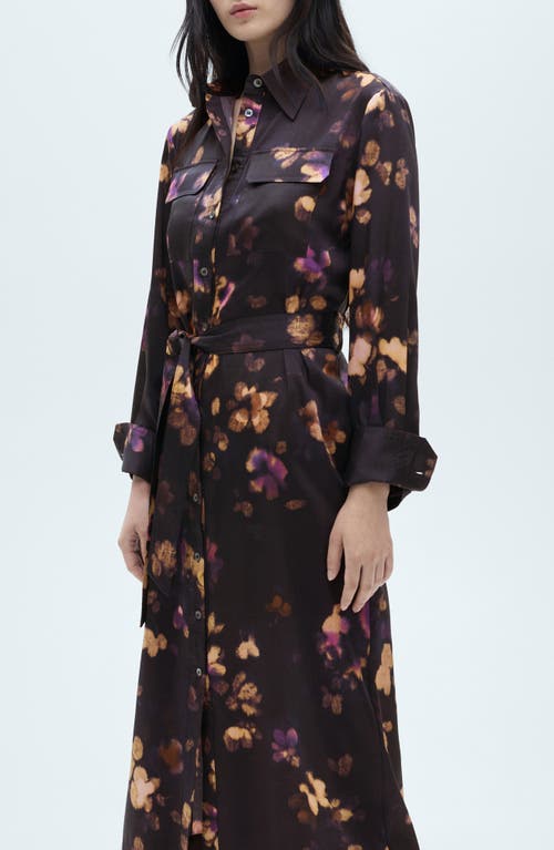 Mango Floral Print Tie Waist Long Sleeve Midi Shirtdress In Purple