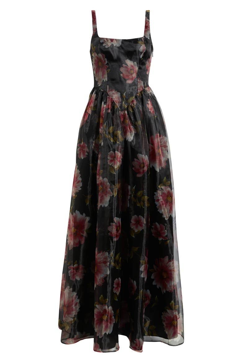 Maelyn Lace-Up Corset Maxi Cocktail Dress, Alternate, color, BLACK FLORAL