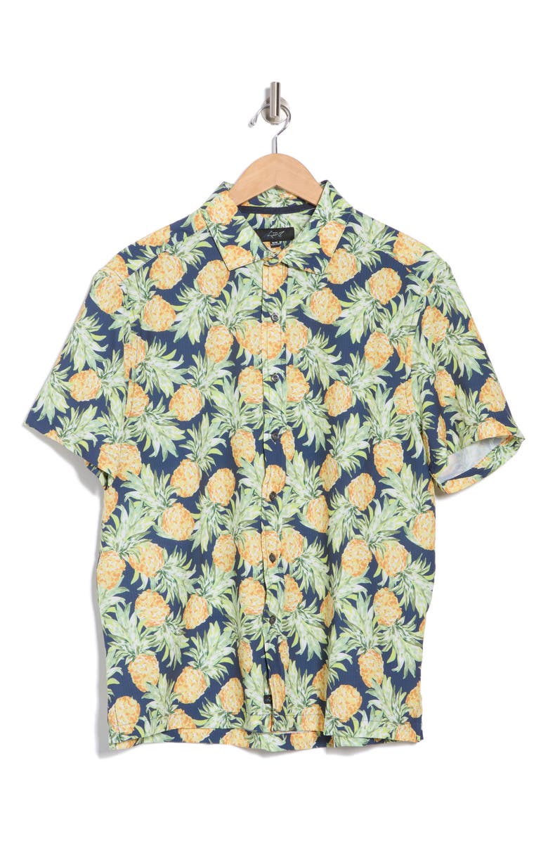 Greg Norman Pineapple Print Short Sleeve Seersucker Button-Up Golf Shirt, Alternate, color, Pineapple
