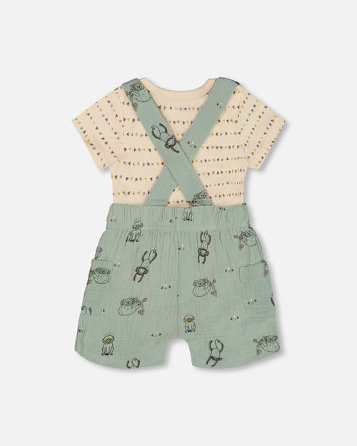 DEUX PAR DEUX DEUX PAR DEUX BABY BOY'S PRINTED MUSLIN SHORTALL AND ORGANIC COTTON BODYSUIT SET SAGE MONKEY AND OFF