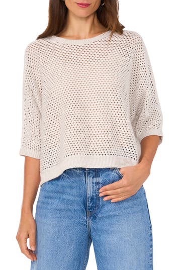 Vince Camuto Fishnet Pointelle Sweater In Silver