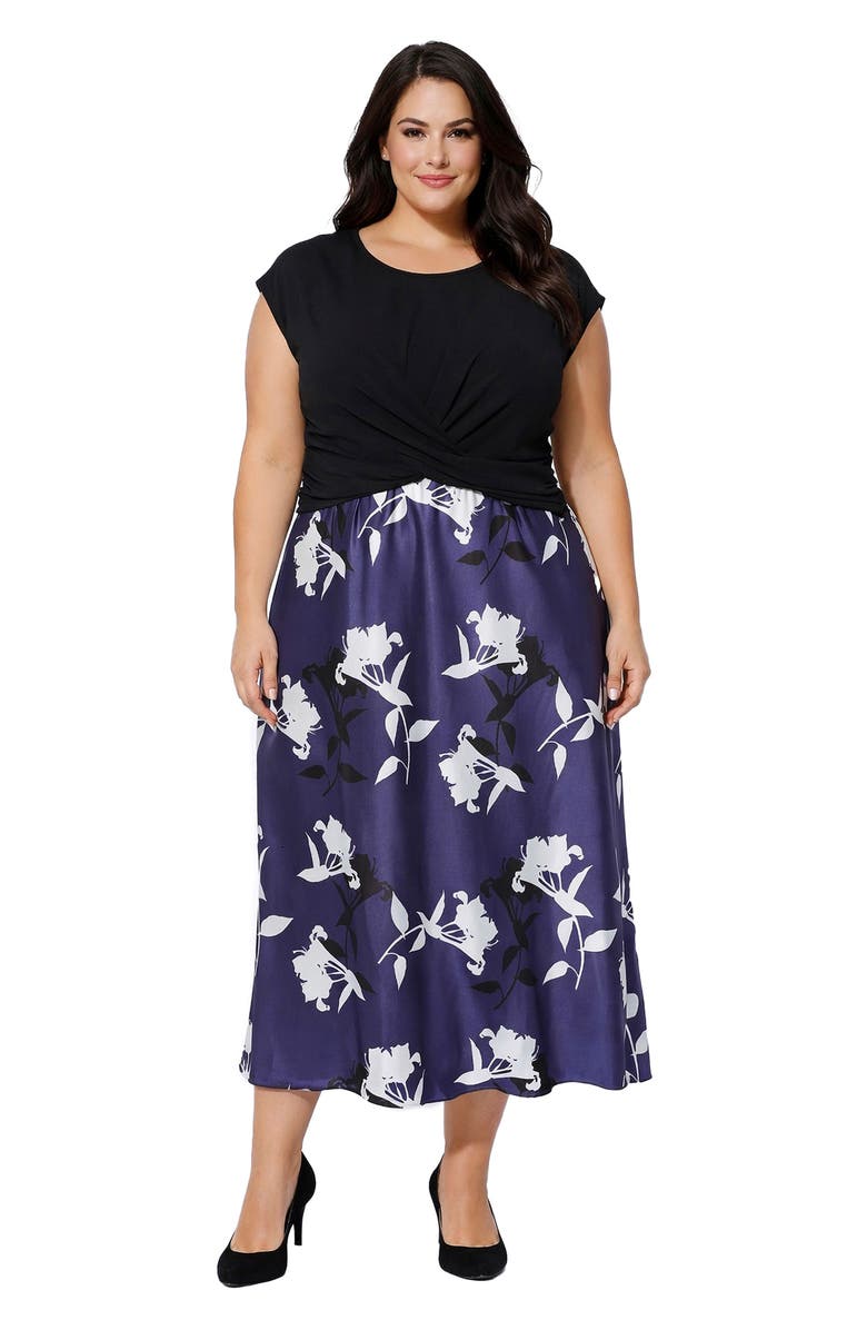 TASH AND SOPHIE Floral Satin Slipdress & Cap Sleeve Top Set, Alternate, color, Navy White