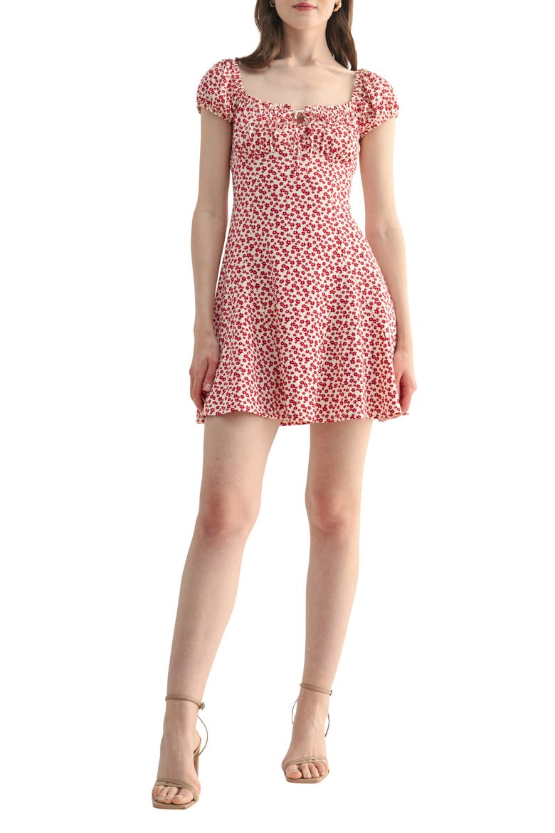 Floral Cap Sleeve Empire Waist Minidress, Main, color, RED DITSY