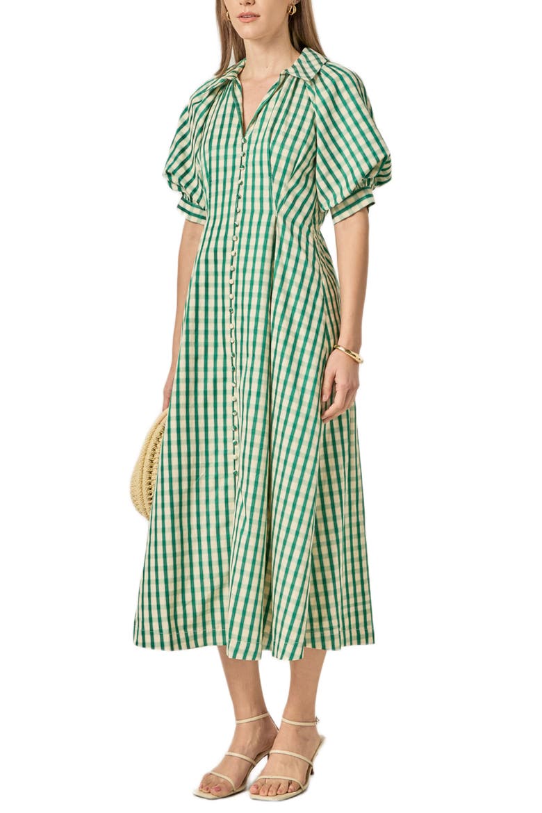 Gingham Puff Sleeve Midi Shirtdress, Alternate, color, GREEN