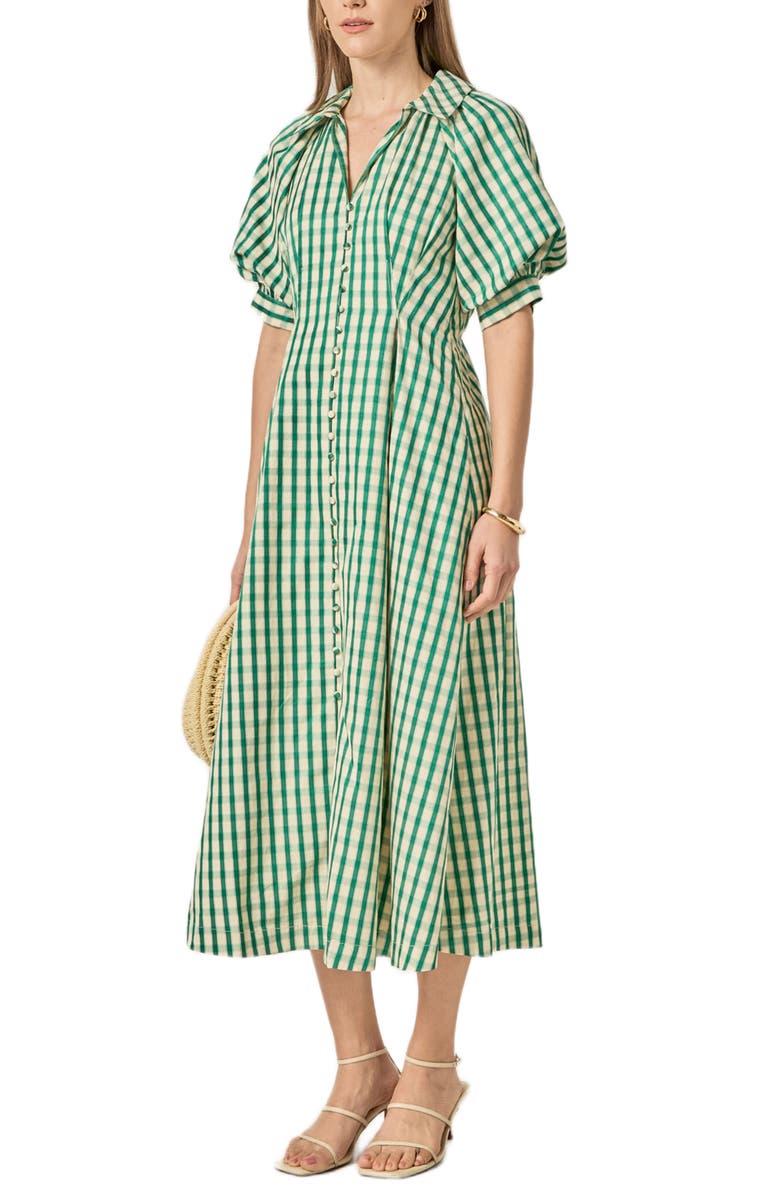 English Factory Gingham Puff Sleeve Midi Shirtdress, Alternate, color, Green
