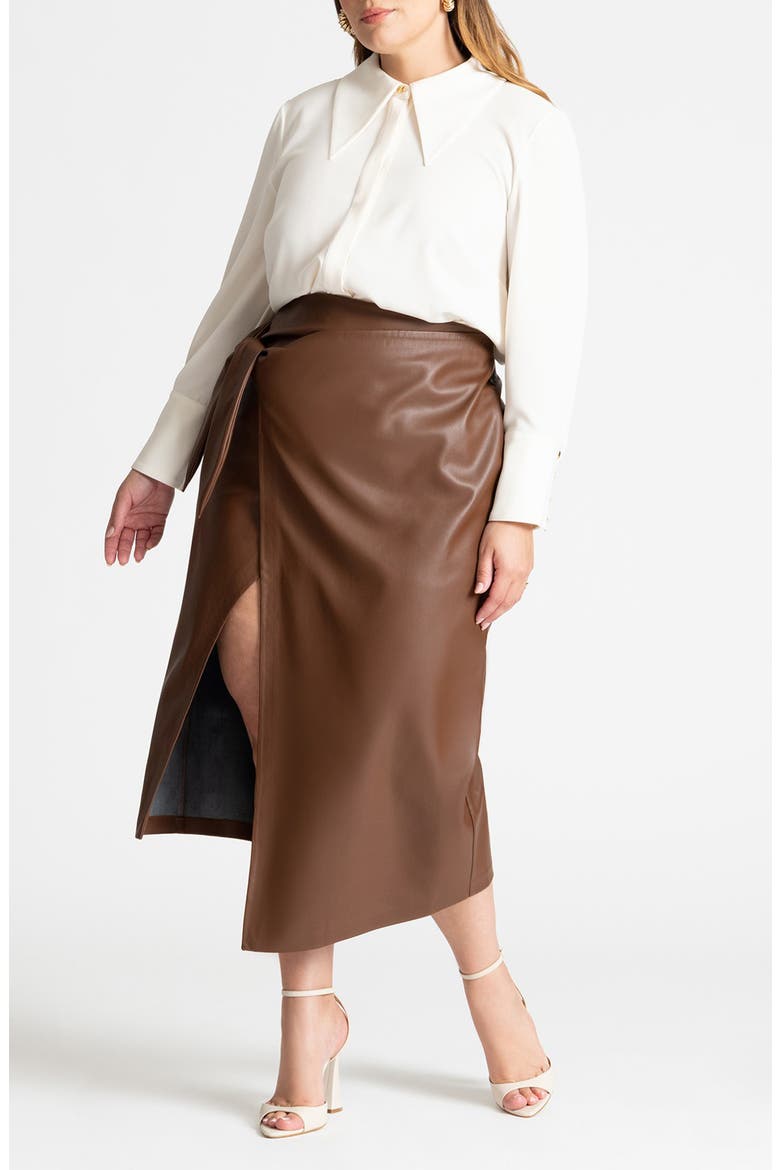 Faux Leather Faux Wrap Skirt, Alternate, color, CHOCOLATE FONDANT