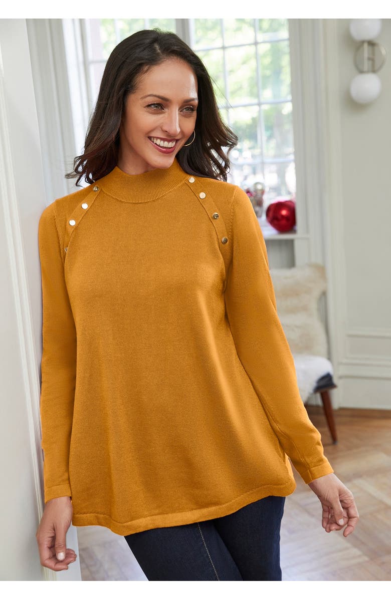 Jessica London Gold Button Mockneck Sweater, Alternate, color, Black