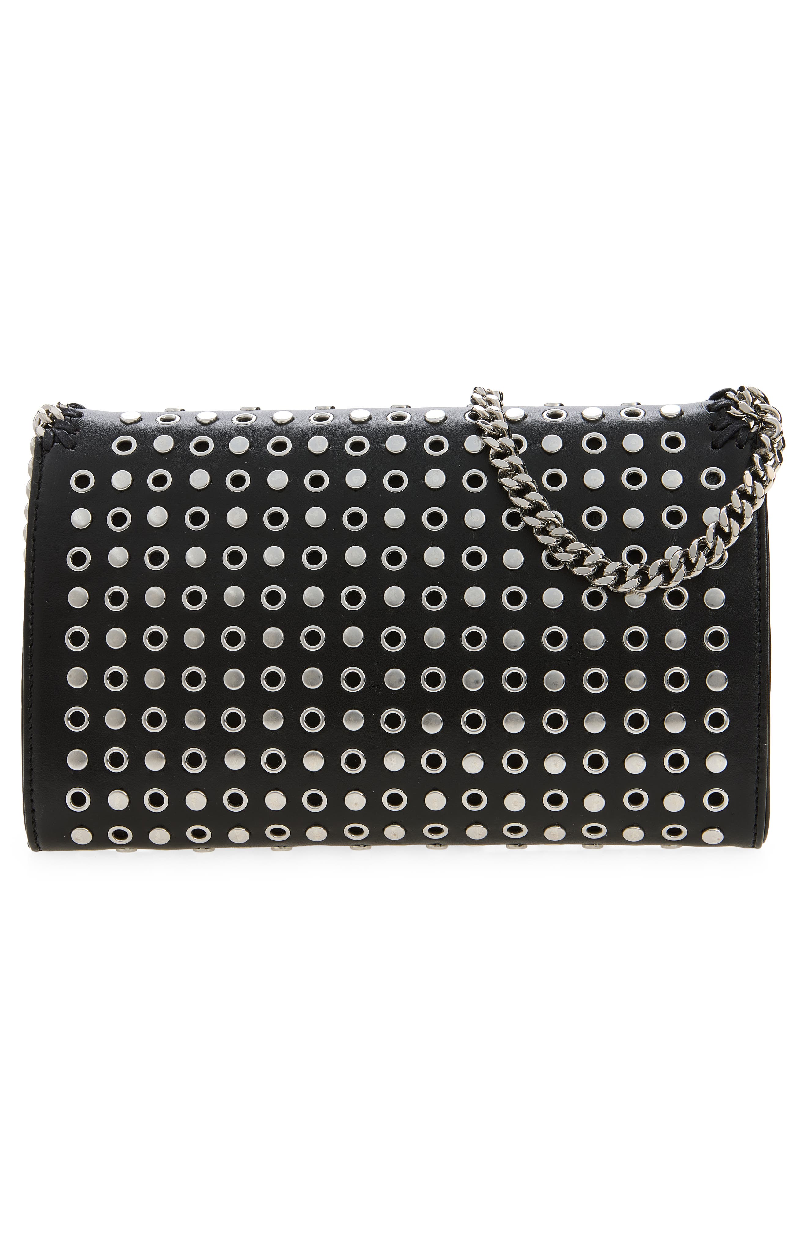 Falabella Studded Faux Leather Wallet on a Chain, Alternate, color, BLACK