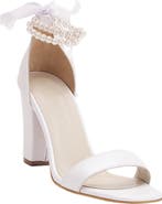 Forever & Always Shoes Dina Block Heel Leather Sandals with Pearls