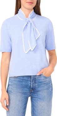 Halogen® Tipped Tie Neck Short Sleeve Sweater