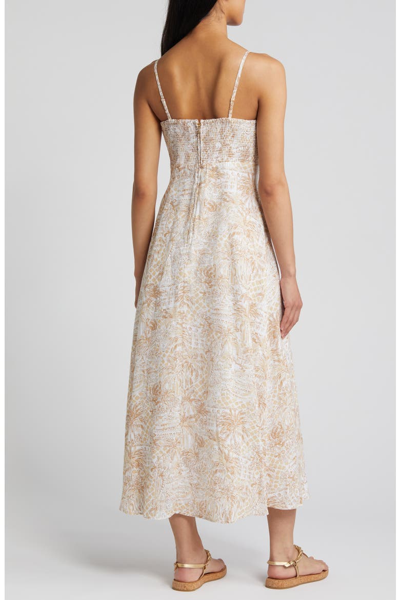 Jorgian Palm Tree Print Linen Midi Dress, Alternate, color, SAND BAR PALM BEACH PARADISE