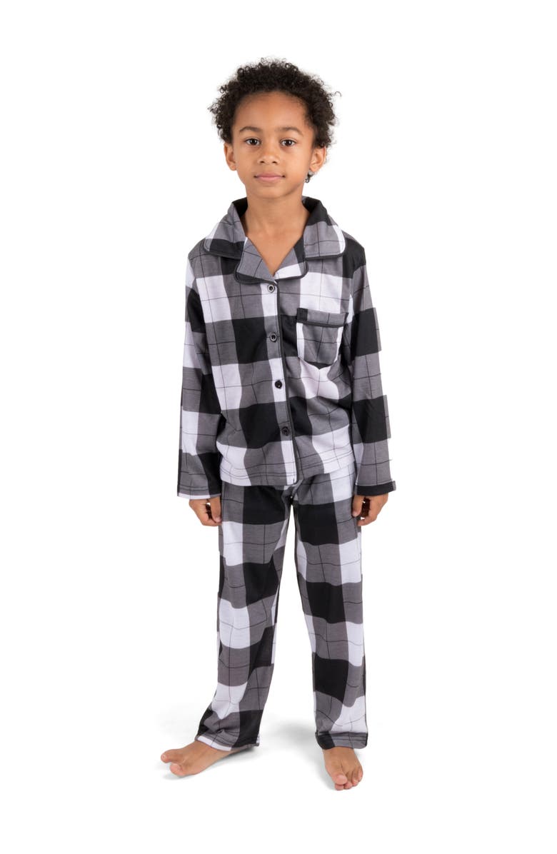 Leveret Kids Button-Front Flannel Printed Holiday Pajama Set, Main, color, Plaid Black
White