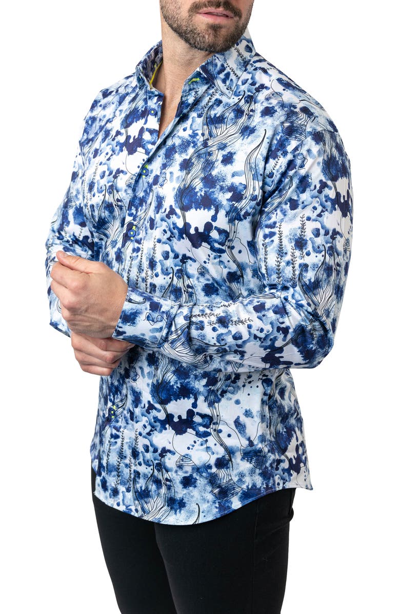 Maceoo Fibonacci Atlantis Blue Egyptian Cotton Button-Up Shirt, Alternate, color, 