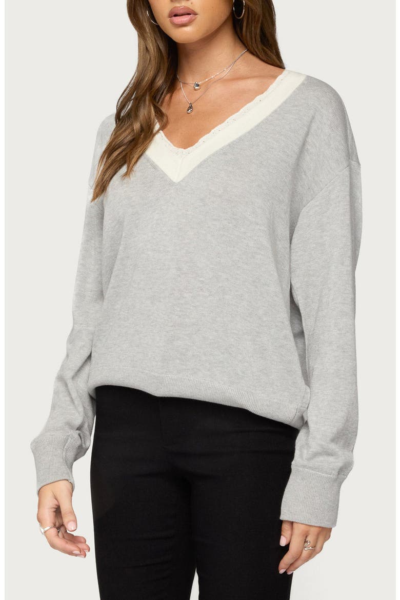 Marie Lace Trim V-Neck Sweater, Alternate, color, GRAY-MELANGE