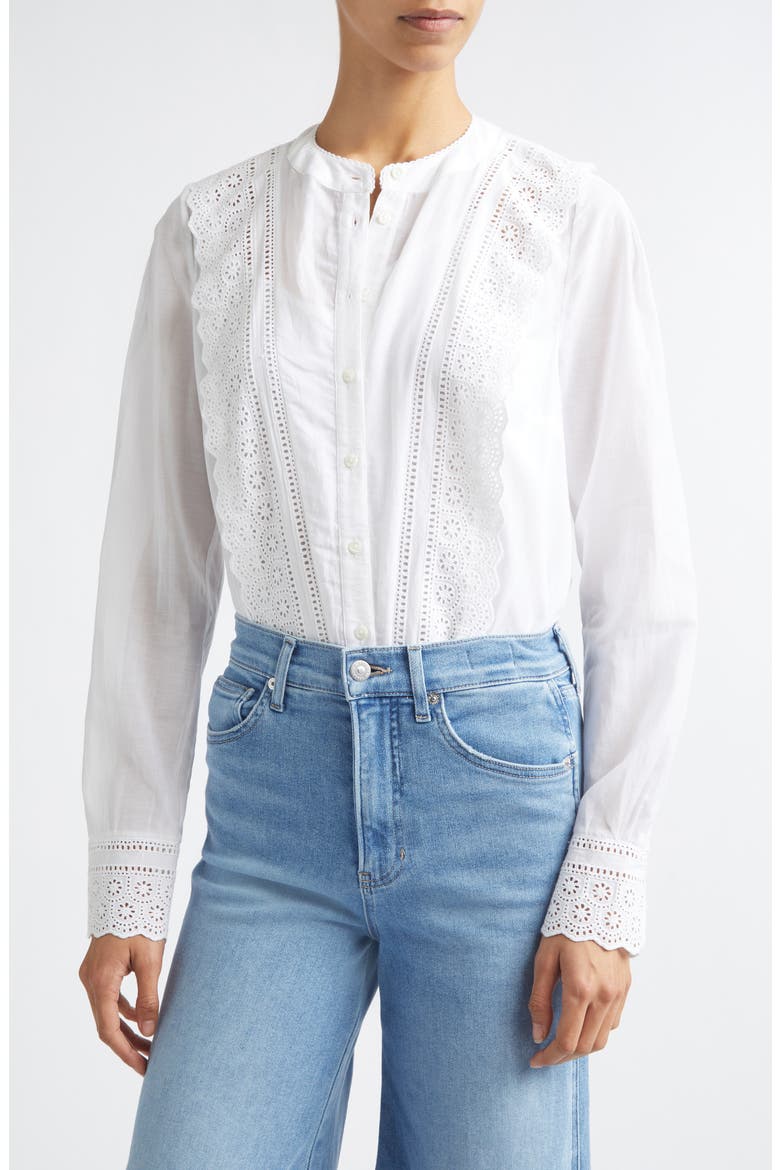 Clermont Eyelet Ruffle Detail Cotton Blend Button-Up Shirt, Main, color, WHITE