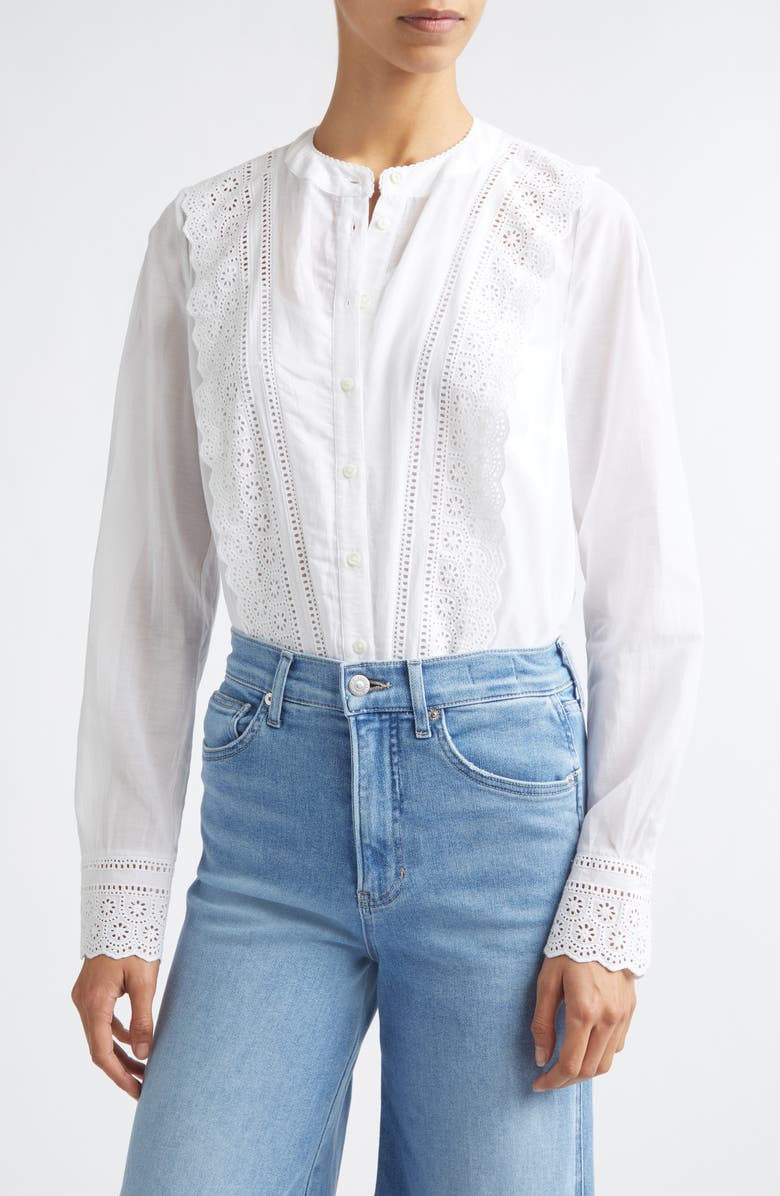 Veronica Beard Clermont Eyelet Ruffle Detail Cotton Blend Button-Up Shirt, Main, color, White