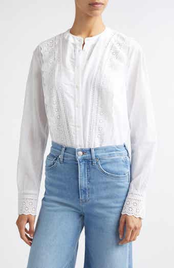 Clermont Eyelet Ruffle Detail Cotton Blend Button-Up Shirt