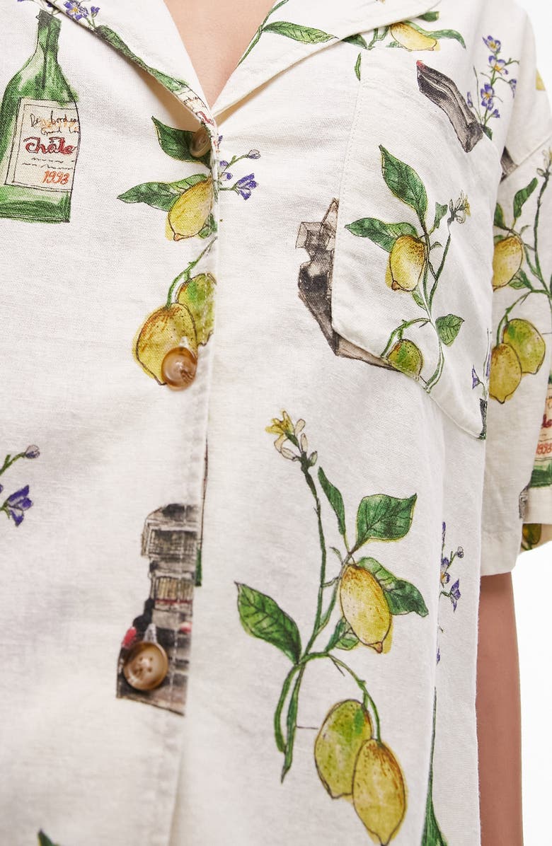 Topshop Still Life Print Linen Blend Short Sleeve Button-Up Shirt, Alternate, color,