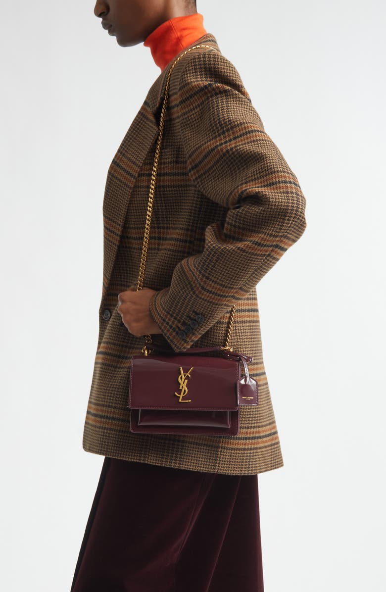 Saint Laurent Small Sunset Patent Leather Shoulder Bag, Alternate, color, Dark Red Wine