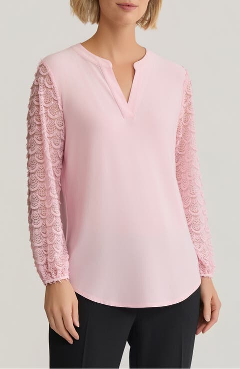 Split Neck Lace Sleeve Tunic Top