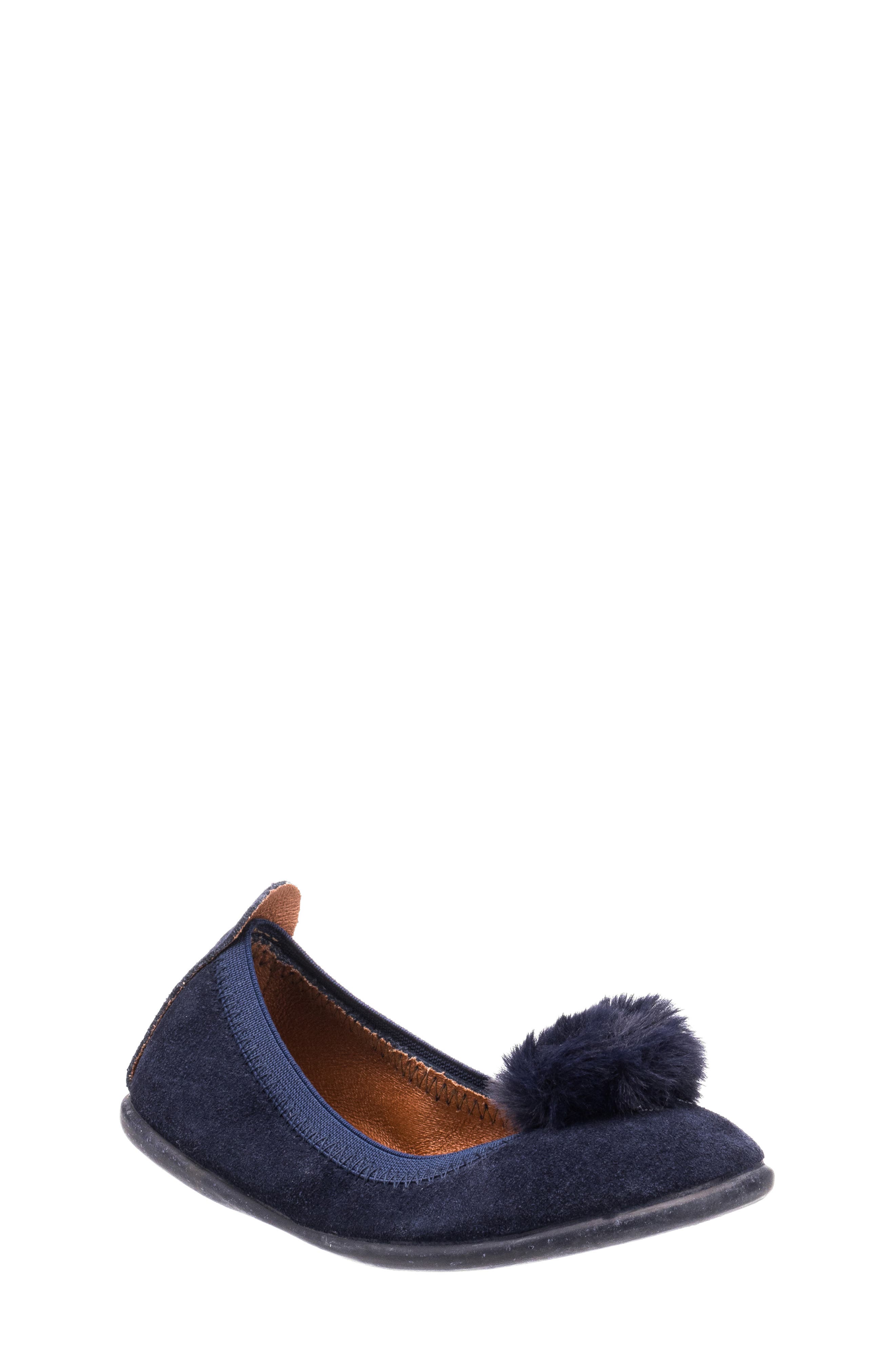Elephantito Kids' Faux Fur Pompom Ballerina Flat, Main, color, Blue