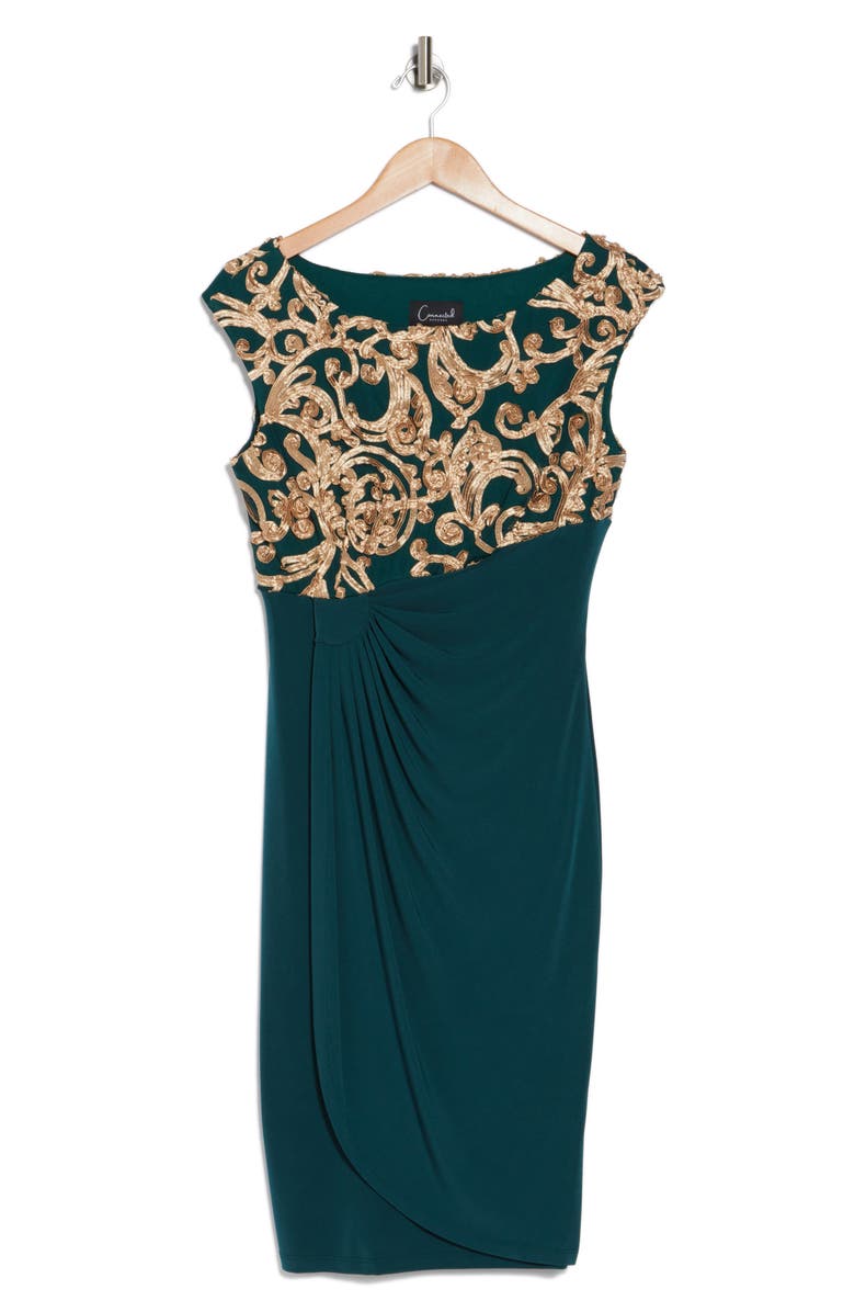 Connected Apparel Metallic Soutache Sleeveless Faux Wrap Dress, Alternate, color, Hunter/ Gold