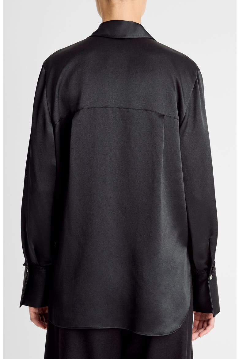 Relaxed Lace Trim Placket Silk Satin Button-Up Shirt, Alternate, color, BLACK
