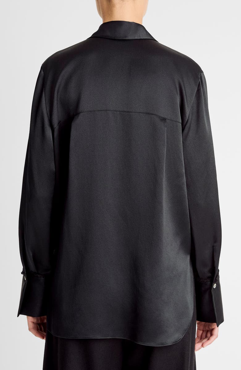 Vince Relaxed Lace Trim Placket Silk Satin Button-Up Shirt, Alternate, color, Black
