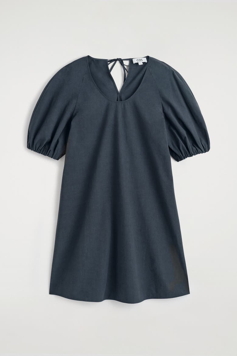 Puff-sleeve Cotton Mini Dress, Alternate, color, BLACK