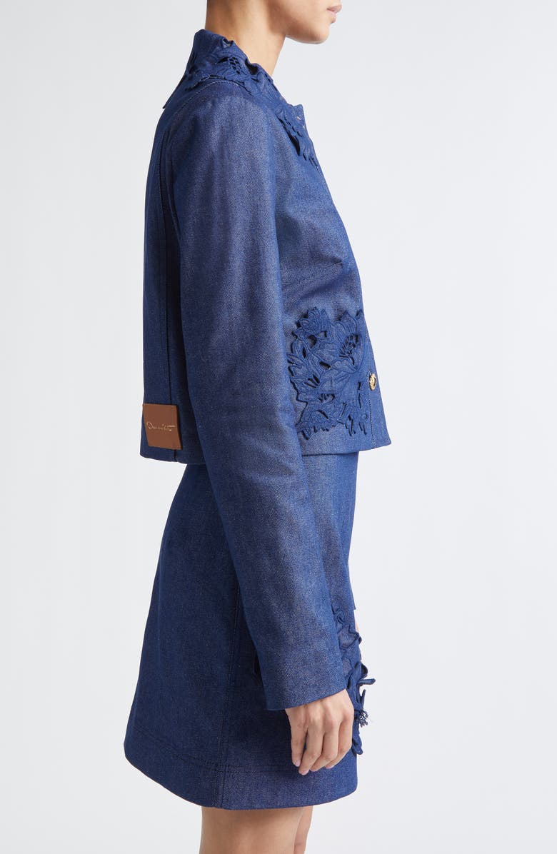 Oscar de la Renta Floral Embroidered Stretch Denim Jacket, Alternate, color, Dark Denim