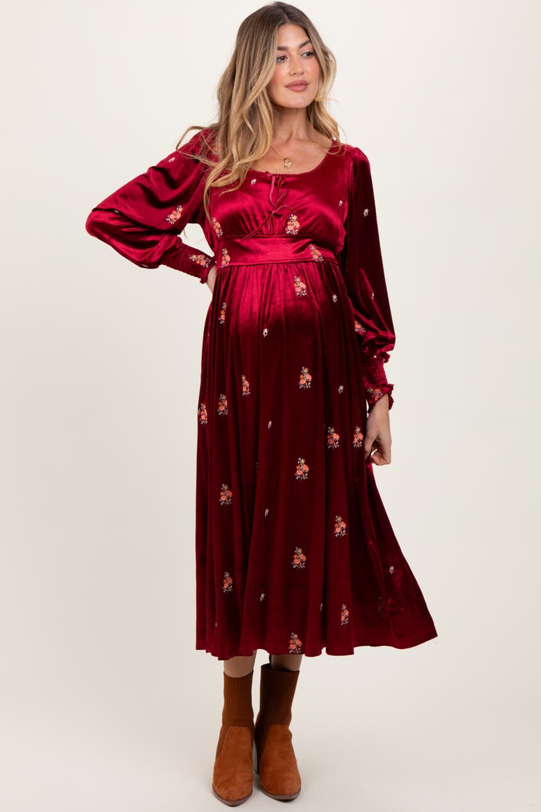 Velvet Embroidered Floral Midi Dress, Main, color, Red
