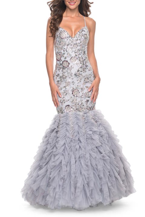 Mermaid Beaded Floral Gown with Ruffle Detailed Skirt