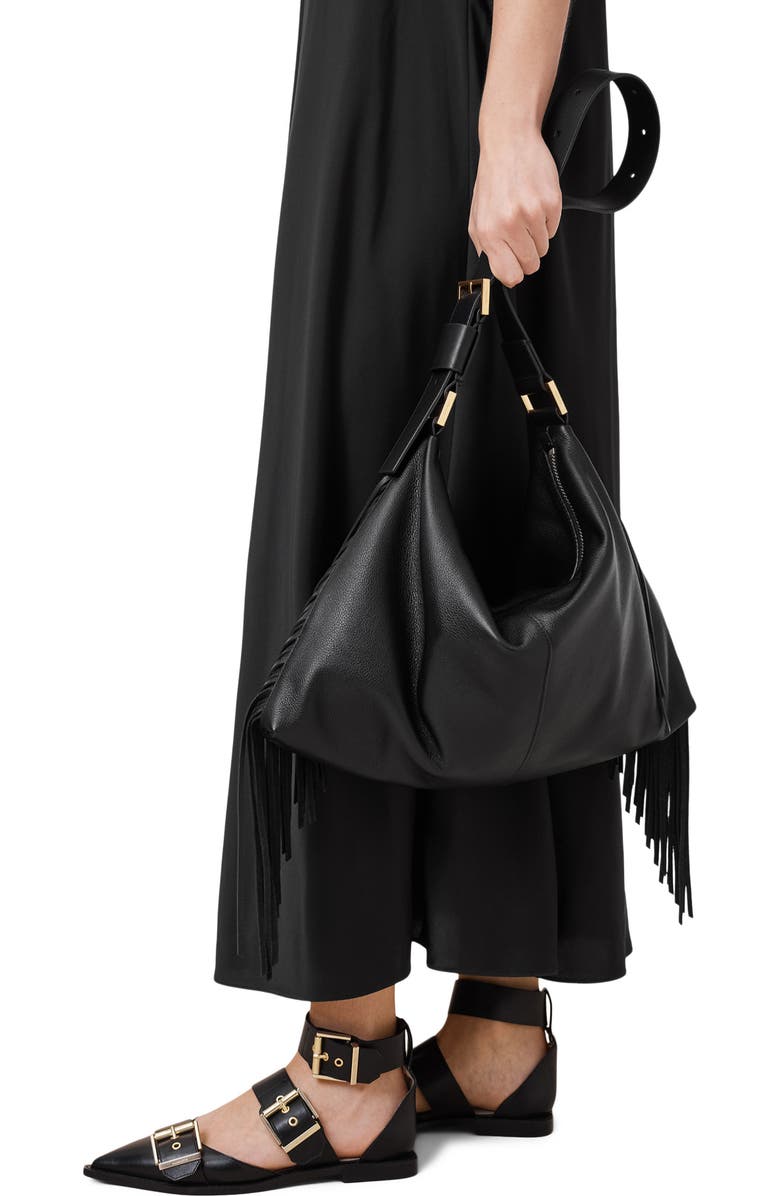 AllSaints Edbury Fringe Leather Hobo Bag, Alternate, color,