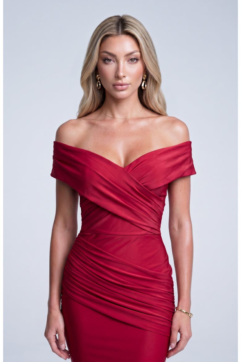 Off The Shoulder Ruched Mermaid Evening Gown, Alternate, color, Red