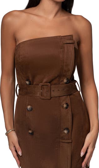 Chocolate Xena Belted Strapless Faux Suede Maxi Dress
