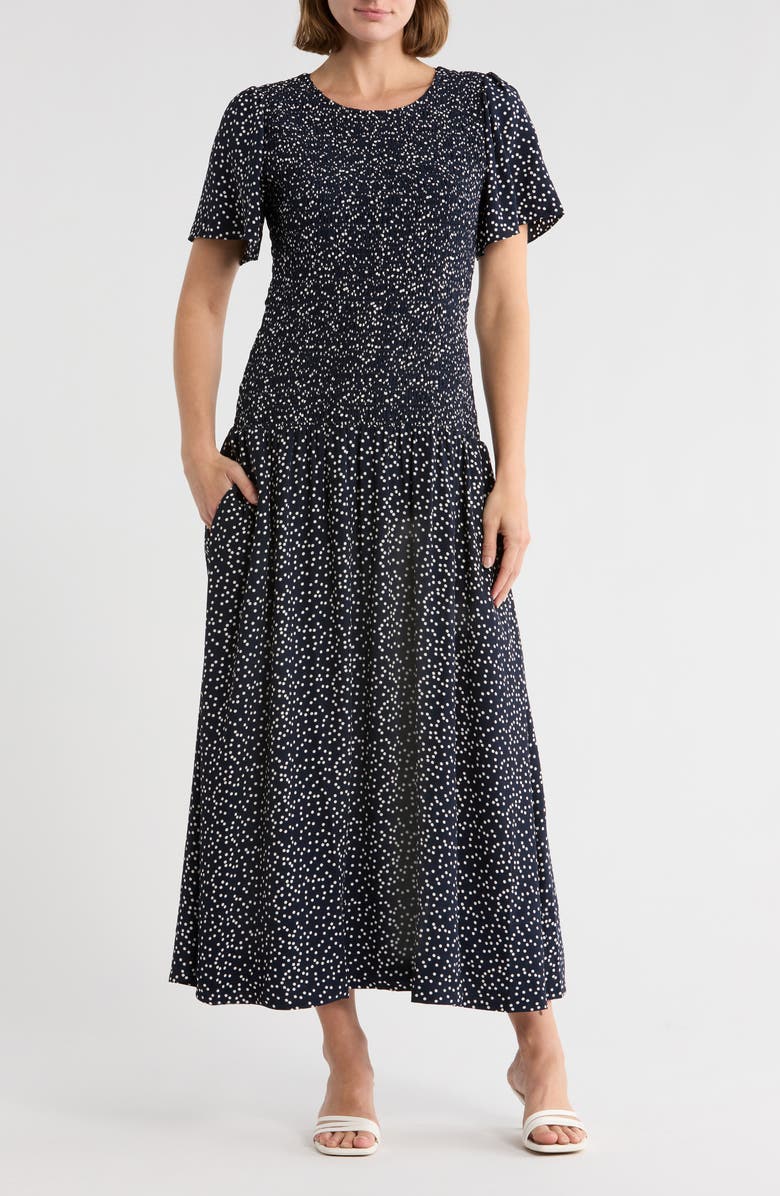 Madewell Smocked Midi Dress, Alternate, color, Midi Tossed Dot Flat Crepenavy