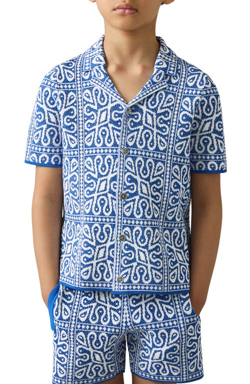 Reiss Kids' River Jr. Tile Pattern Short Sleeve Knit Button-up Shirt In Blue/white