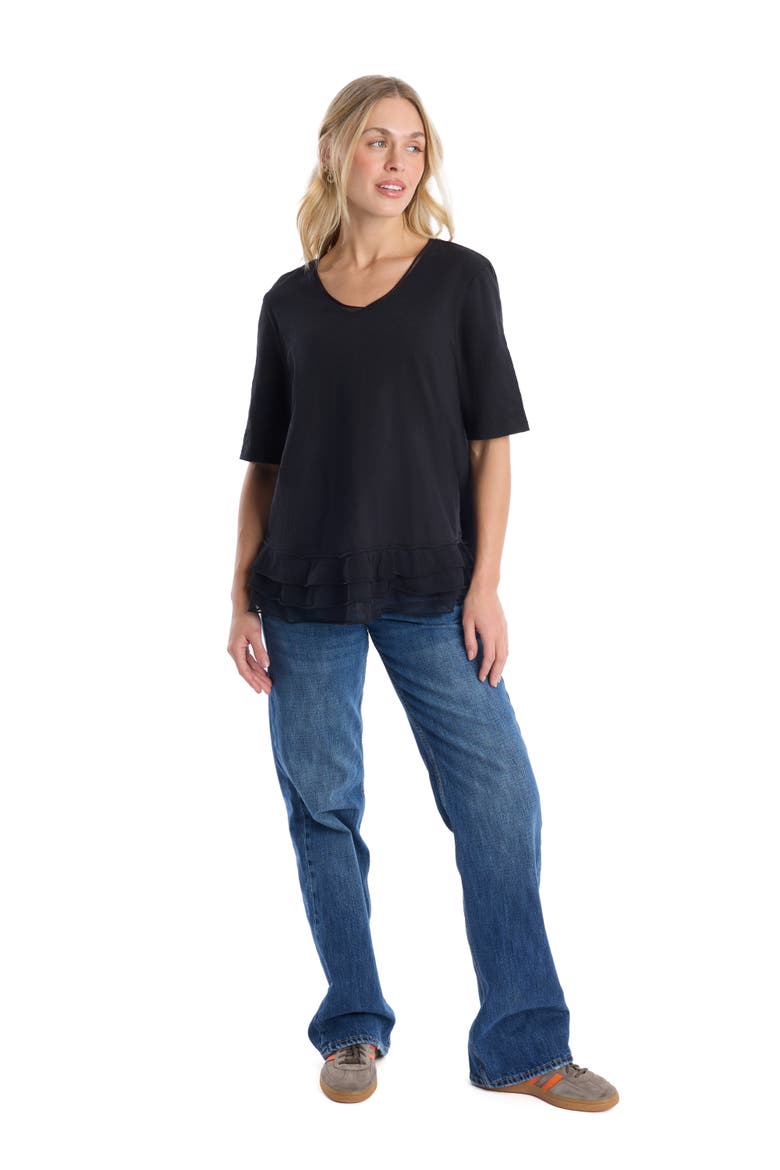 V-Neck Elbow Sleeve Mixed Media Tee, Alternate, color, Black