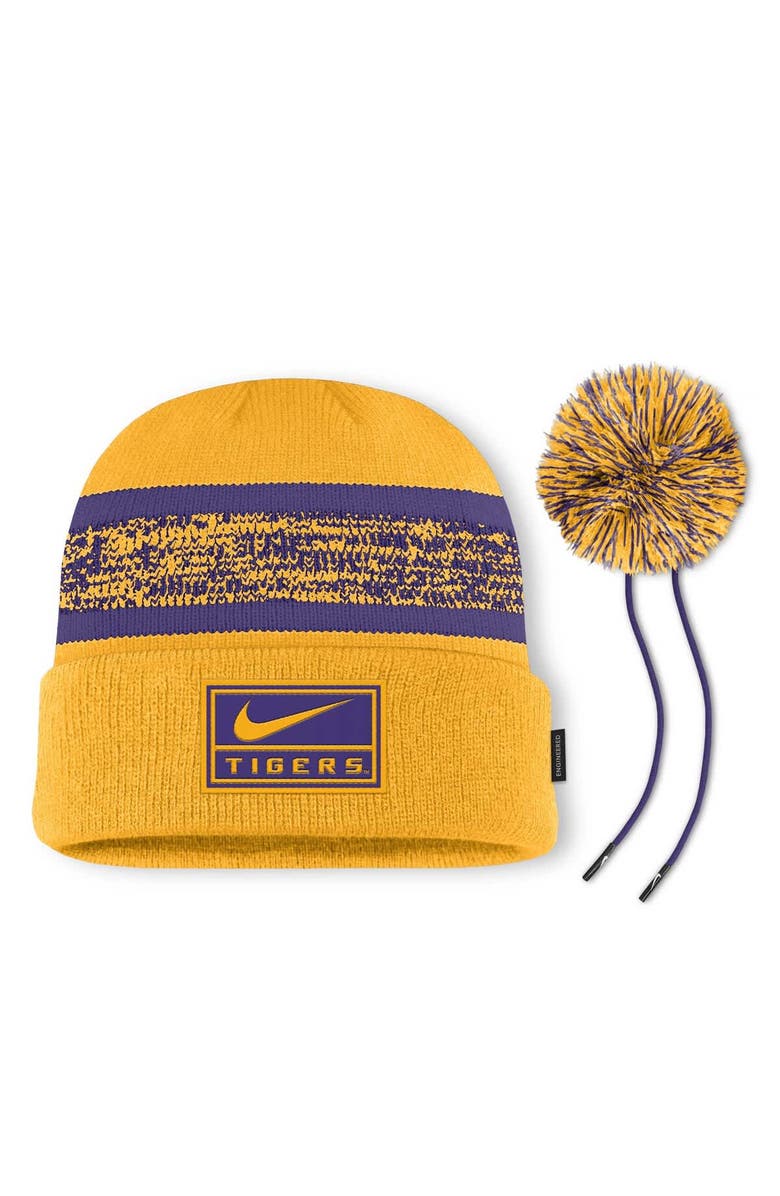 Nike Men's Nike  Gold LSU Tigers On-Field Peak Cuffed Knit Hat with Pom, Alternate, color, 