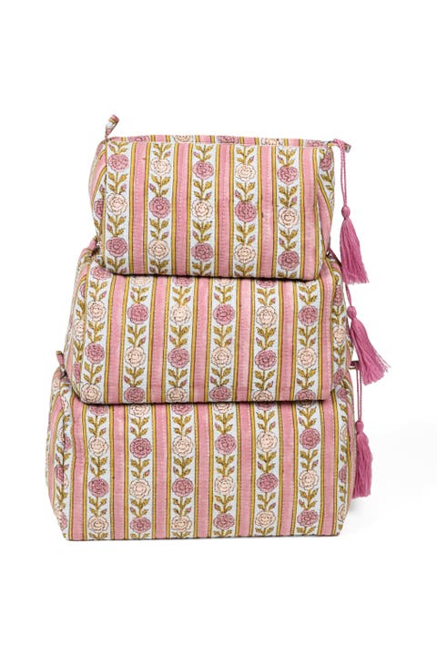 Vintage Floral Stripes Makeup Bag - Set of 3
