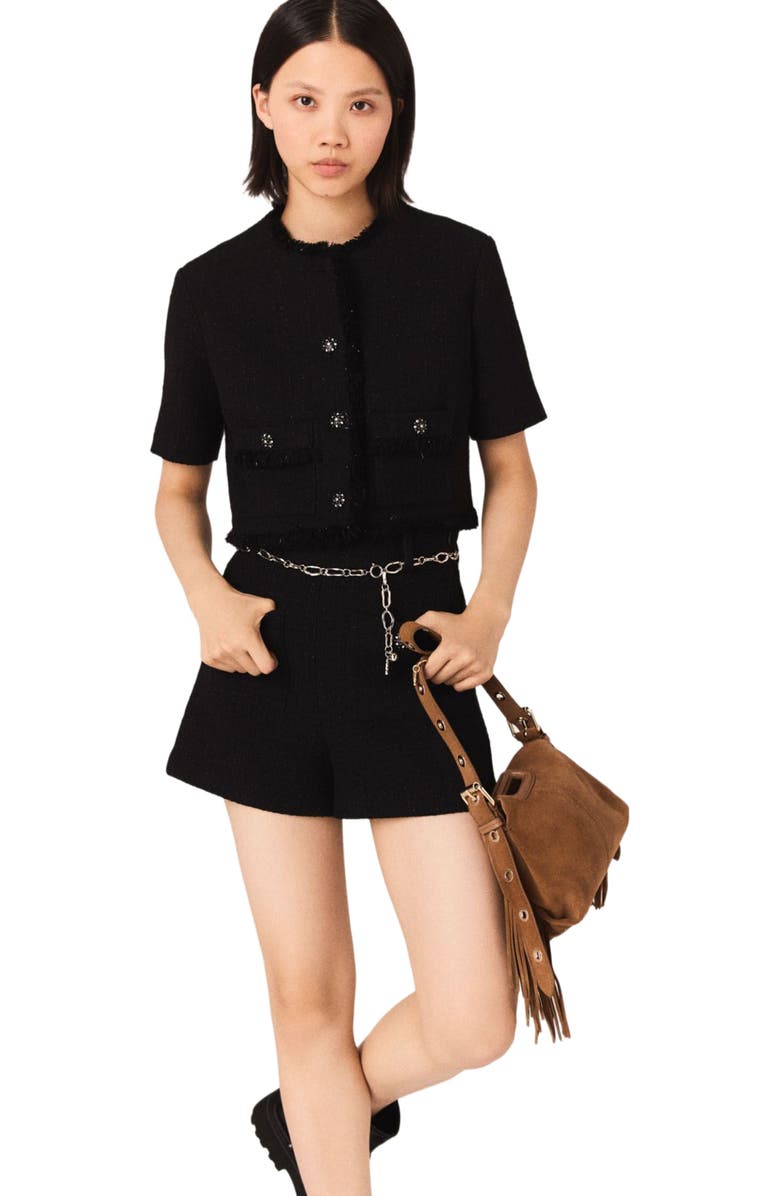maje Shiny tweed shorts, Alternate, color, Black