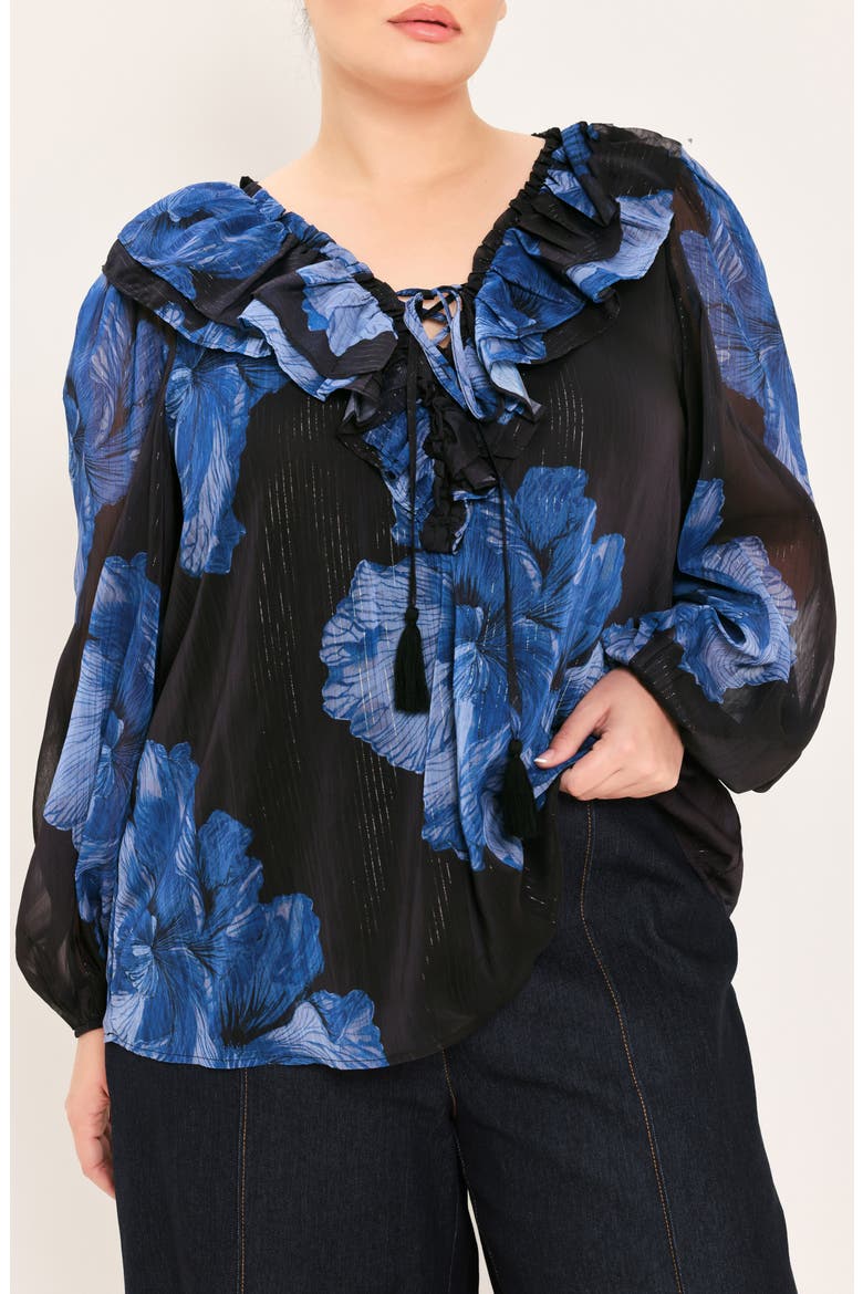 Ruffle Floral Print Balloon Sleeve Top, Alternate, color, BLACK / BLUE