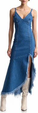 Avec Les Filles Frayed Hem Denim Maxi Dress