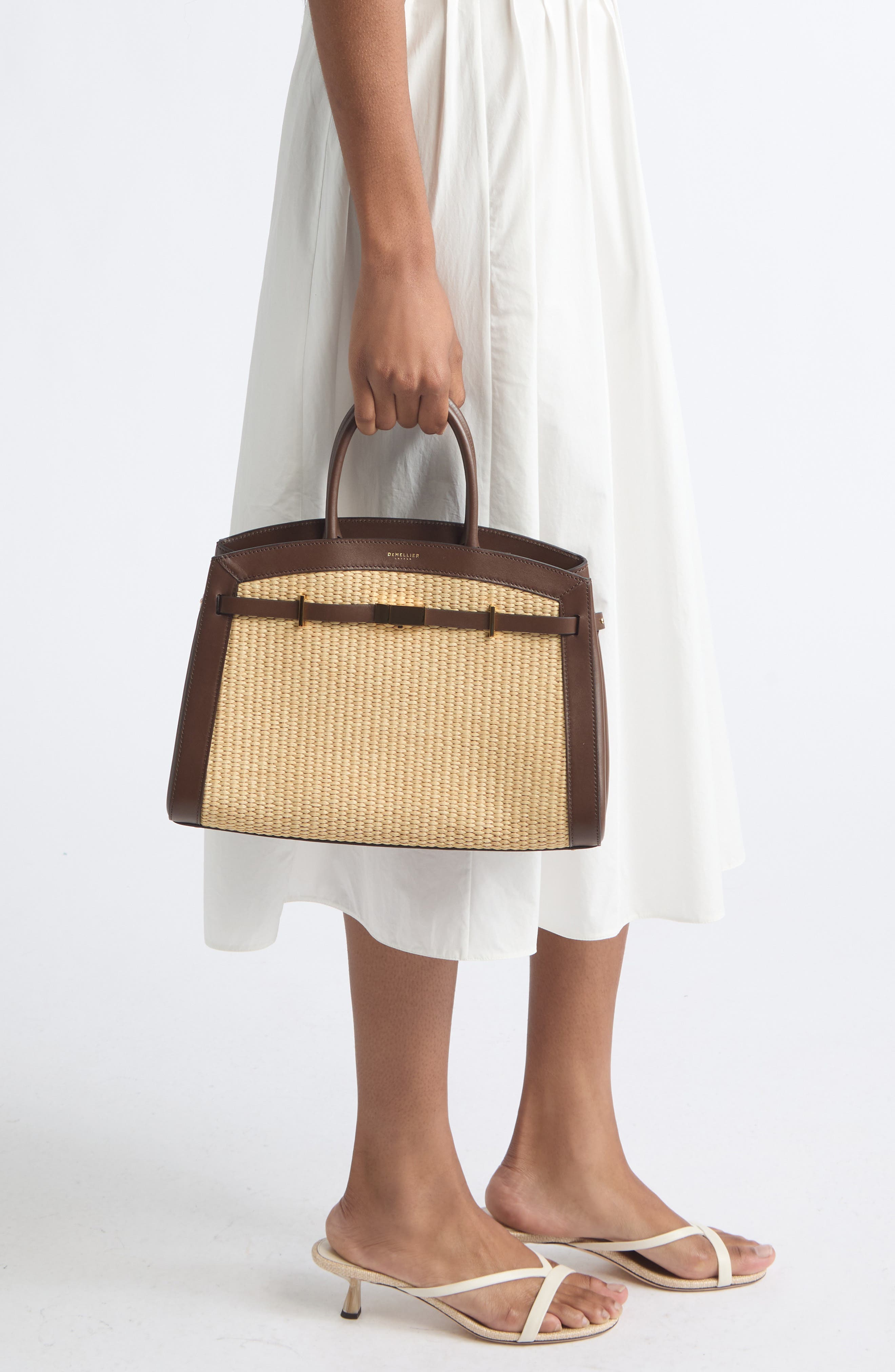 The Midi Hudson Raffia & Leather Satchel, Alternate, color, WARM/ MOCHA
