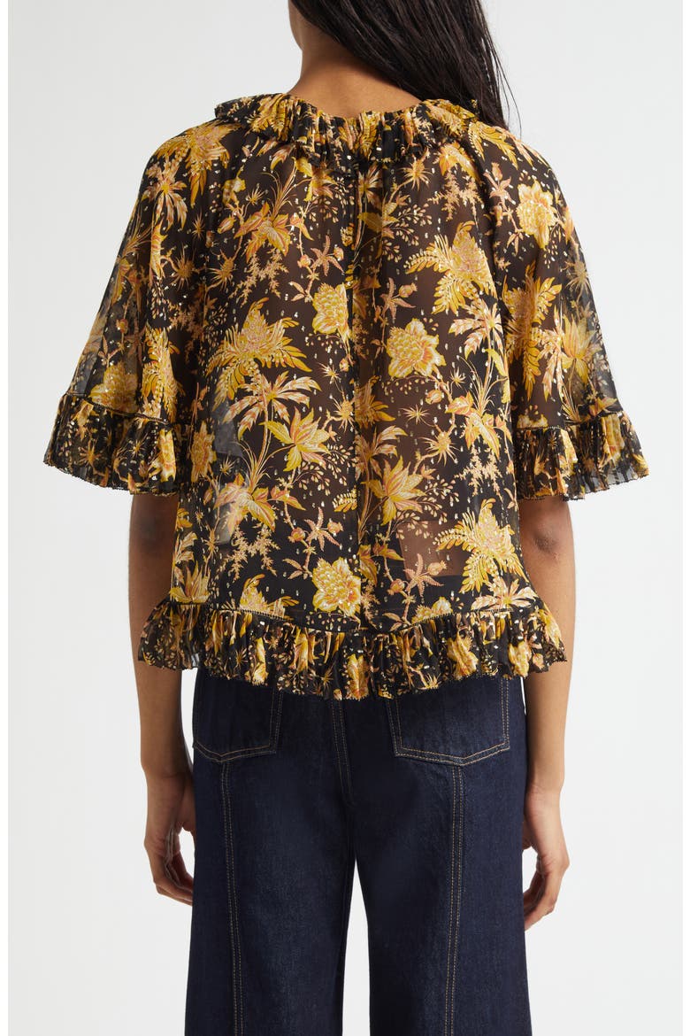 Helaine Botanical Print Metallic Flutter Sleeve Silk Blend Top, Alternate, color, FORSYTHIA