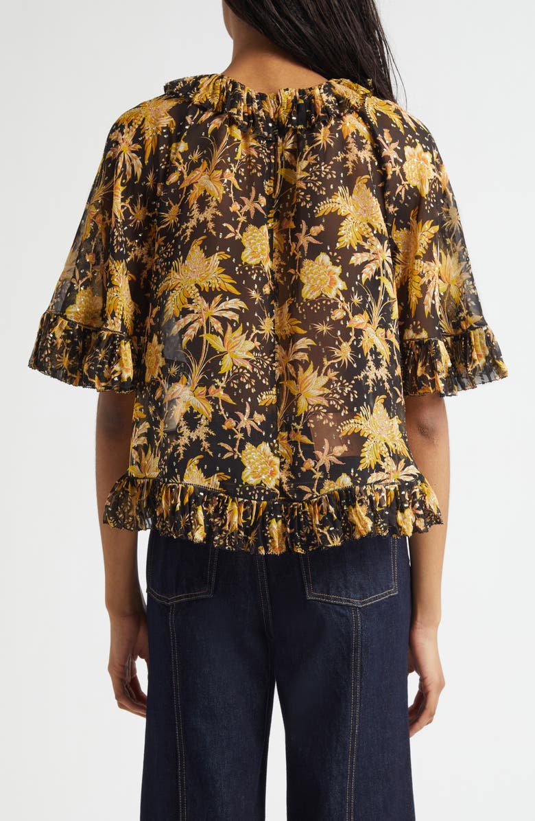 Ulla Johnson Helaine Botanical Print Metallic Flutter Sleeve Silk Blend Top, Alternate, color, Forsythia
