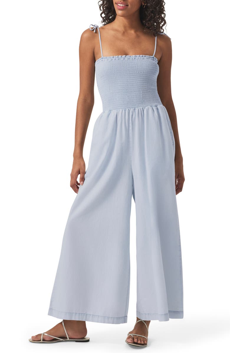 Splendid Smock Bodice Wide Leg Cotton Blend Jumpsuit, Main, color, Washed Indigo